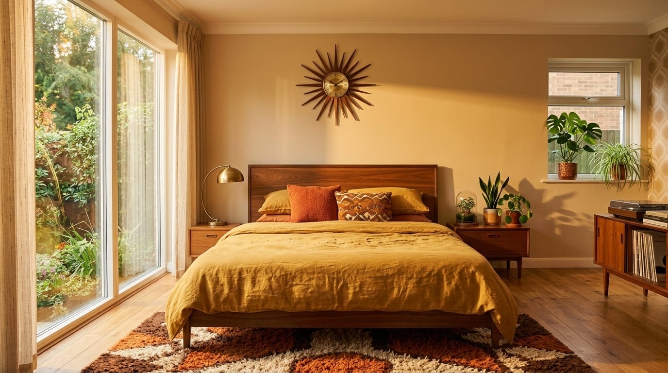 Mid-century bedroom with walnut headboard and mustard bedding