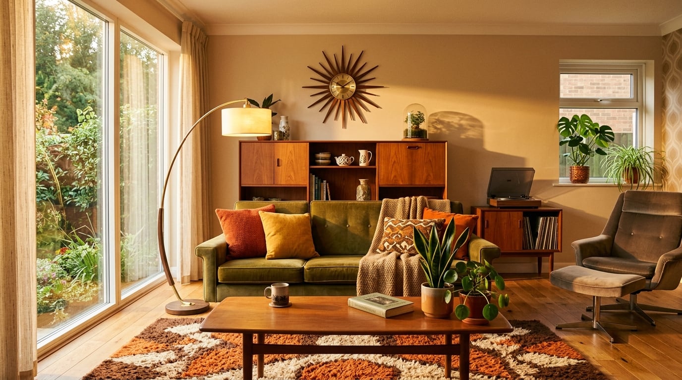 Sunlit mid-century living room with olive sofa, teak storage, and a sunburst clock