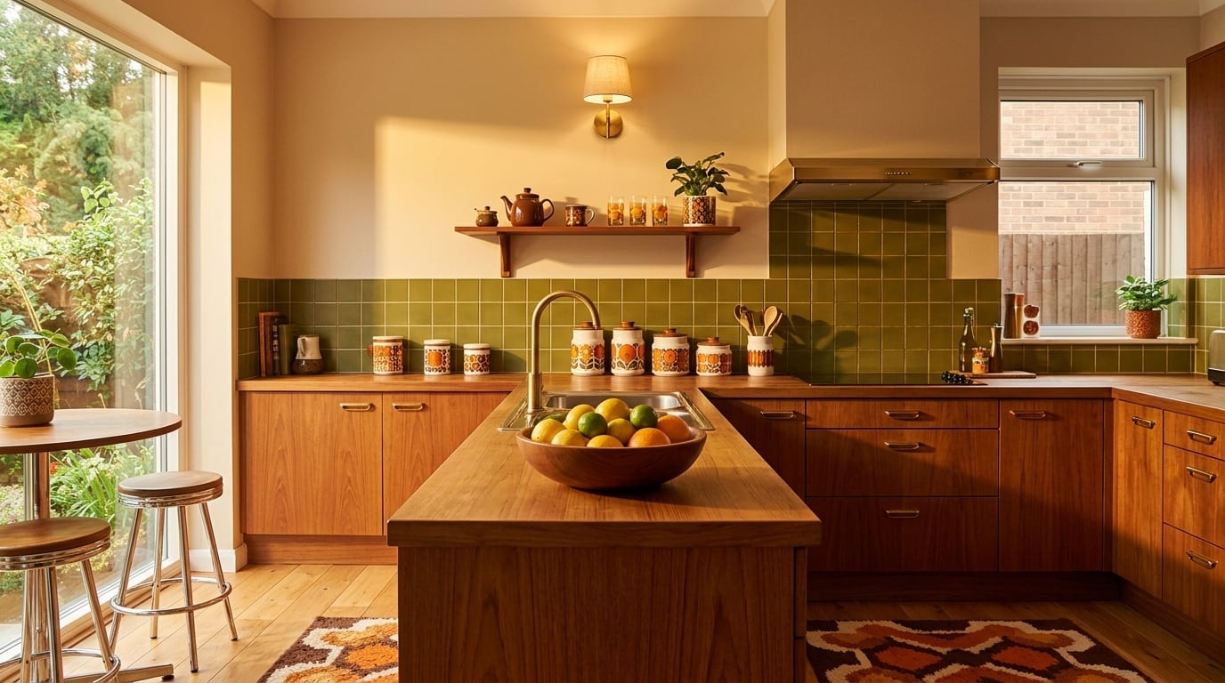 Retro kitchen with teak cabinets and warm tile
