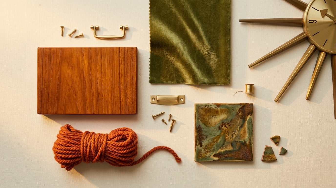 Still life of teak, olive velvet, rust wool, and brass hardware